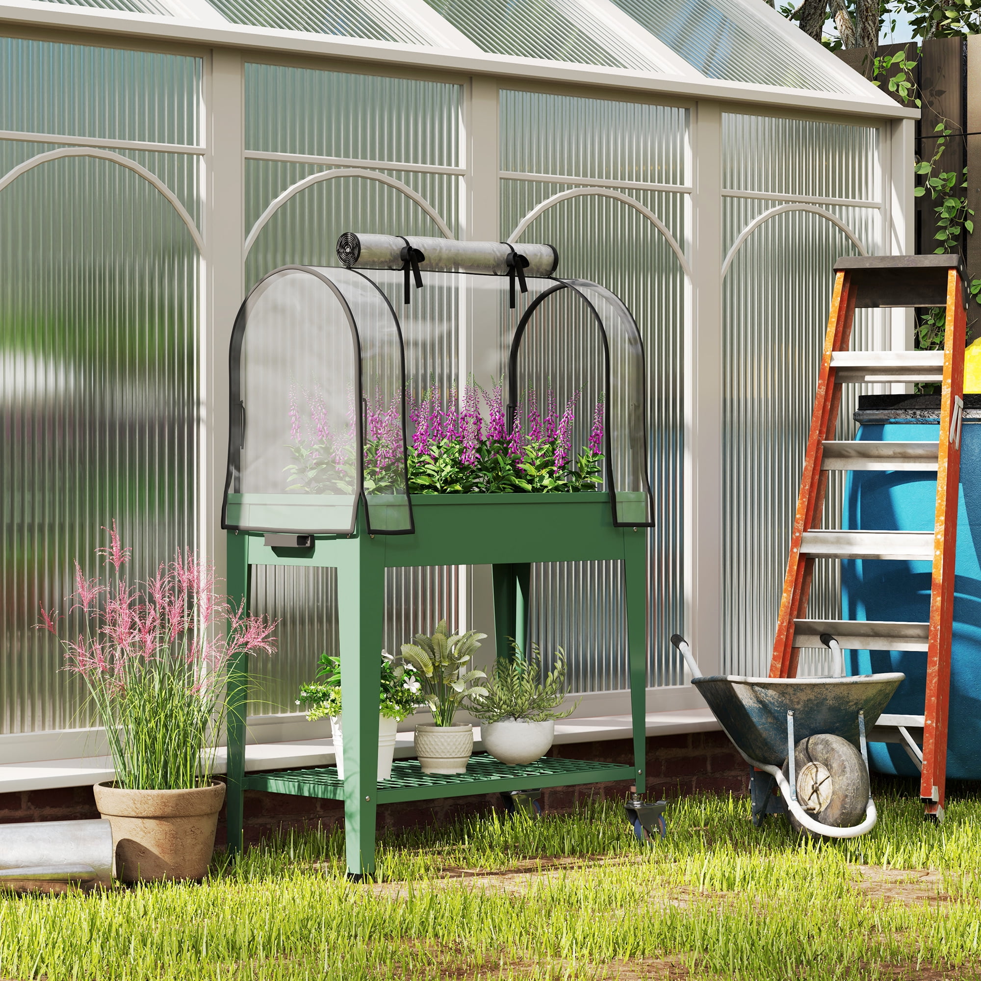Outsunny Raised Garden Bed with Greenhouse Cover, Metal Outdoor Elevated Planter Box with Lockable Wheels, Storage Shelf and Drainage Hole, Green