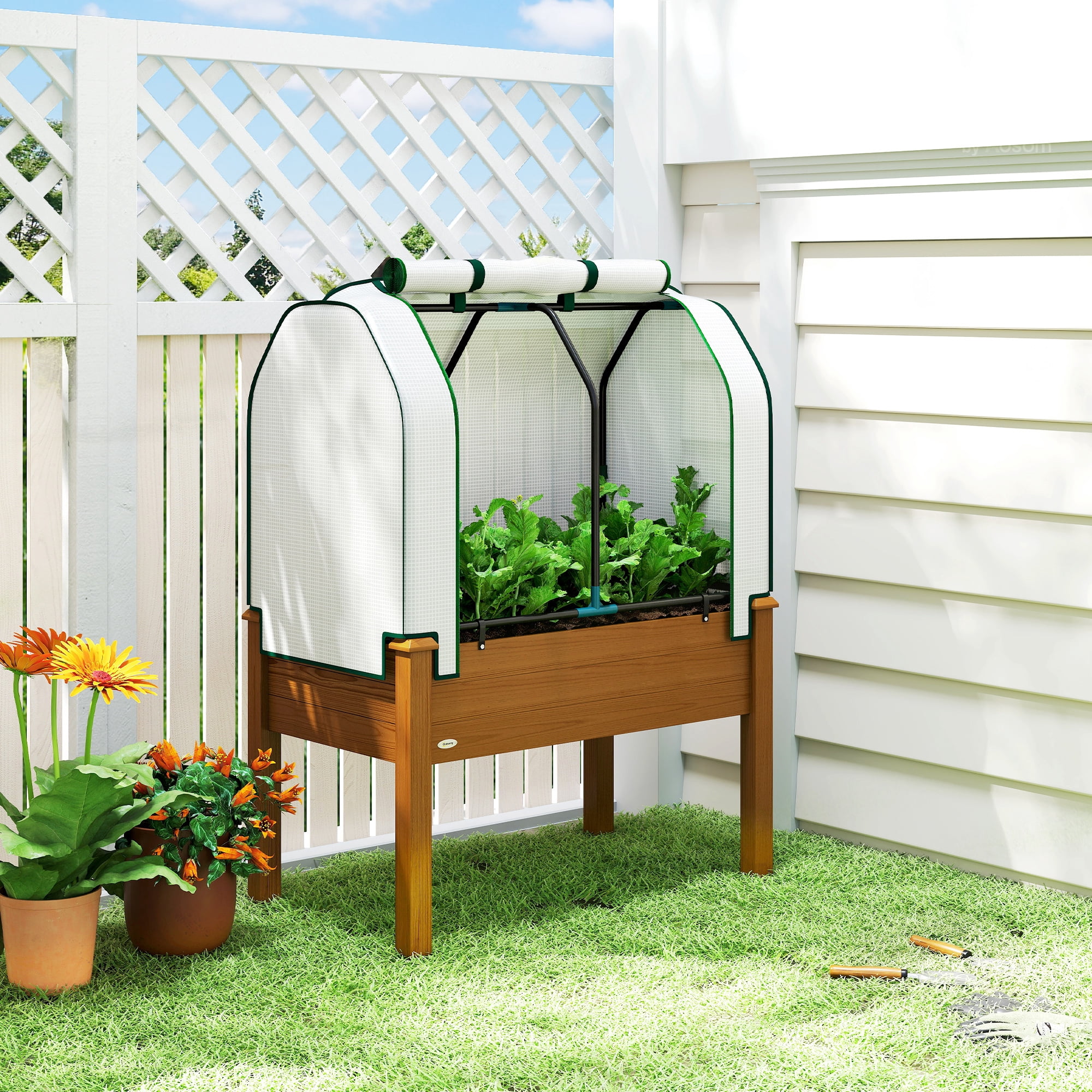Outsunny Raised Garden Bed with PE Greenhouse Cover Outdoor Elevated Wood Planter Box for Herbs, Vegetables, for Patio, Backyard, Balcony, Brown