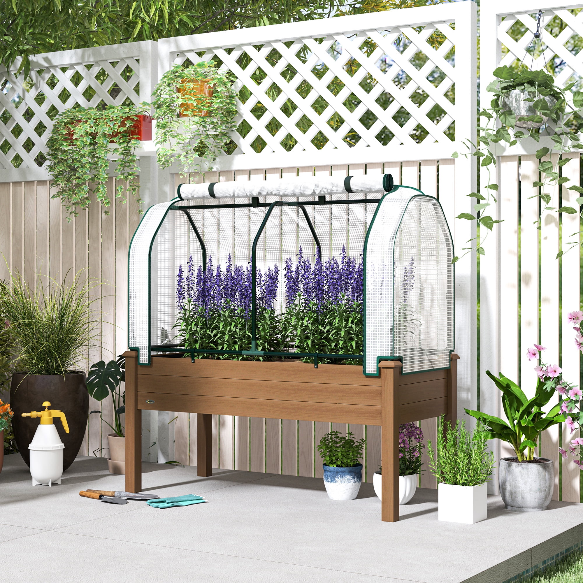 Outsunny Raised Garden Bed with PE Greenhouse Cover Outdoor Elevated Wood Planter Box for Herbs, Vegetables, for Patio, Backyard, Balcony, Brown