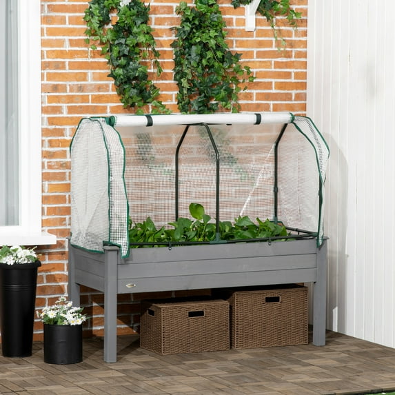 Outsunny Raised Garden Bed with PE Greenhouse Cover Outdoor Elevated Wood Planter Box for Herbs, Vegetables, for Patio, Backyard, Balcony, Dark Gray