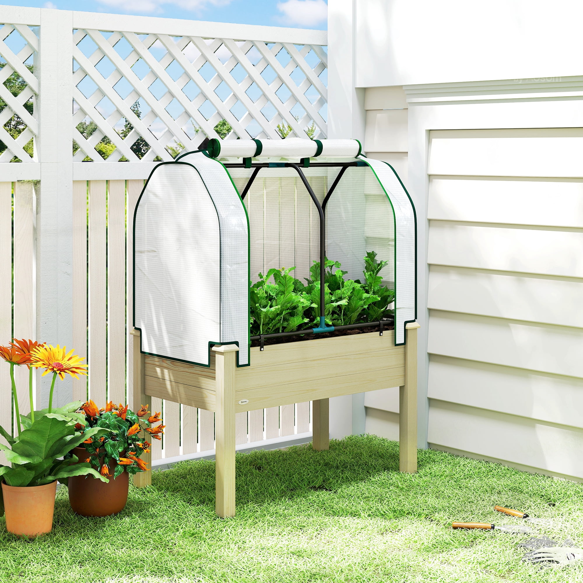 Outsunny Raised Garden Bed with PE Greenhouse Cover Outdoor Elevated Wood Planter Box for Herbs, Vegetables, for Patio, Backyard, Balcony, Natural