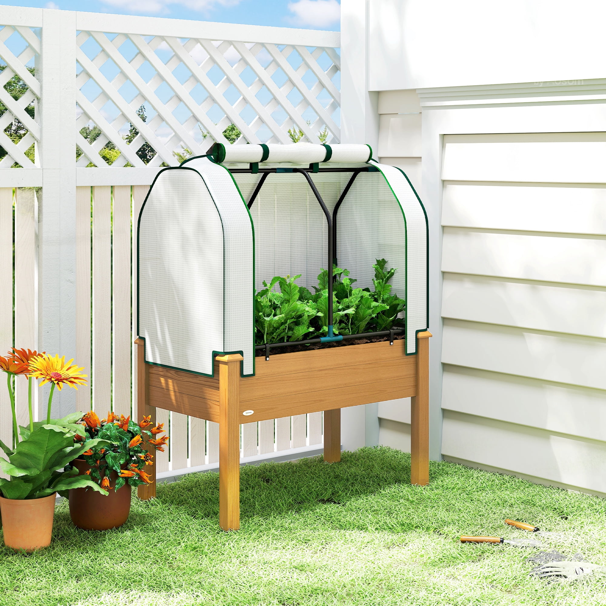 Outsunny Raised Garden Bed with PE Greenhouse Cover Outdoor Elevated Wood Planter Box for Herbs, Vegetables, for Patio, Backyard, Balcony, Sand