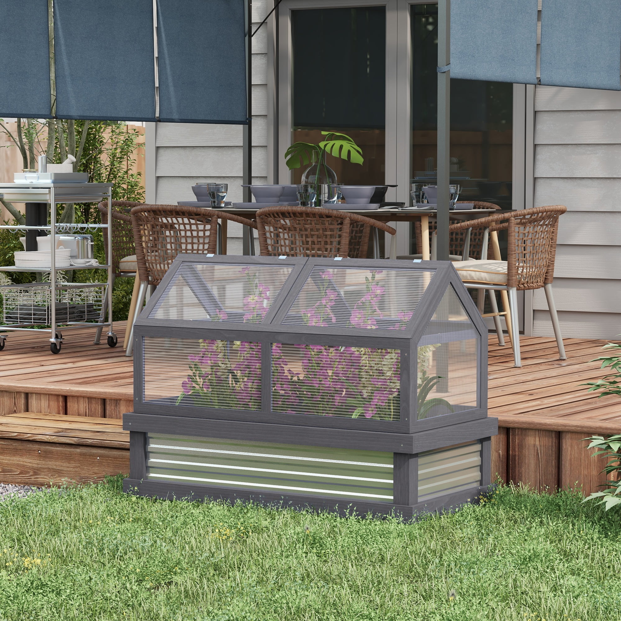 Gray Fir Wood Raised Garden Bed with Polycarbonate Greenhouse