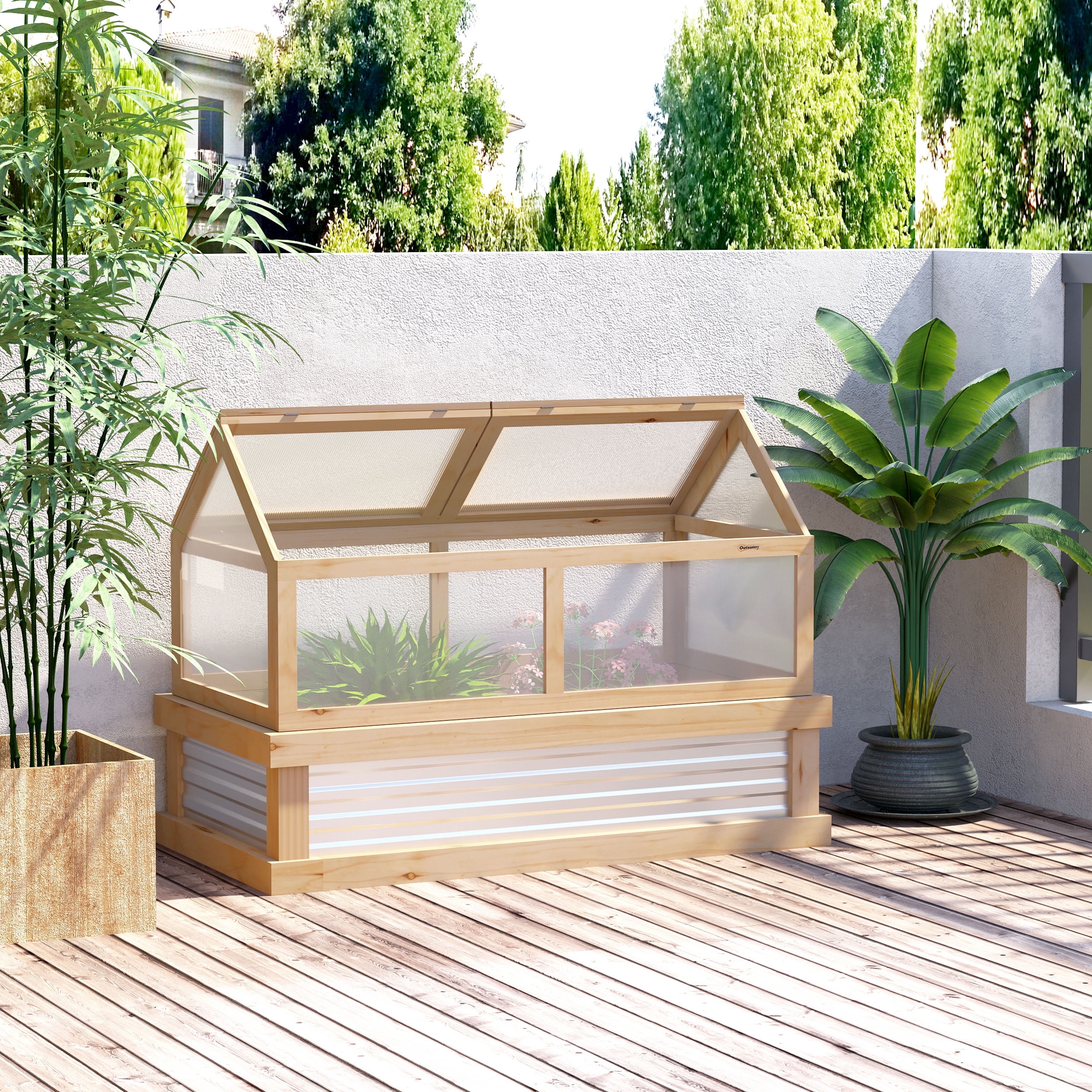 Natural Wood Raised Garden Bed with Polycarbonate Greenhouse Cover