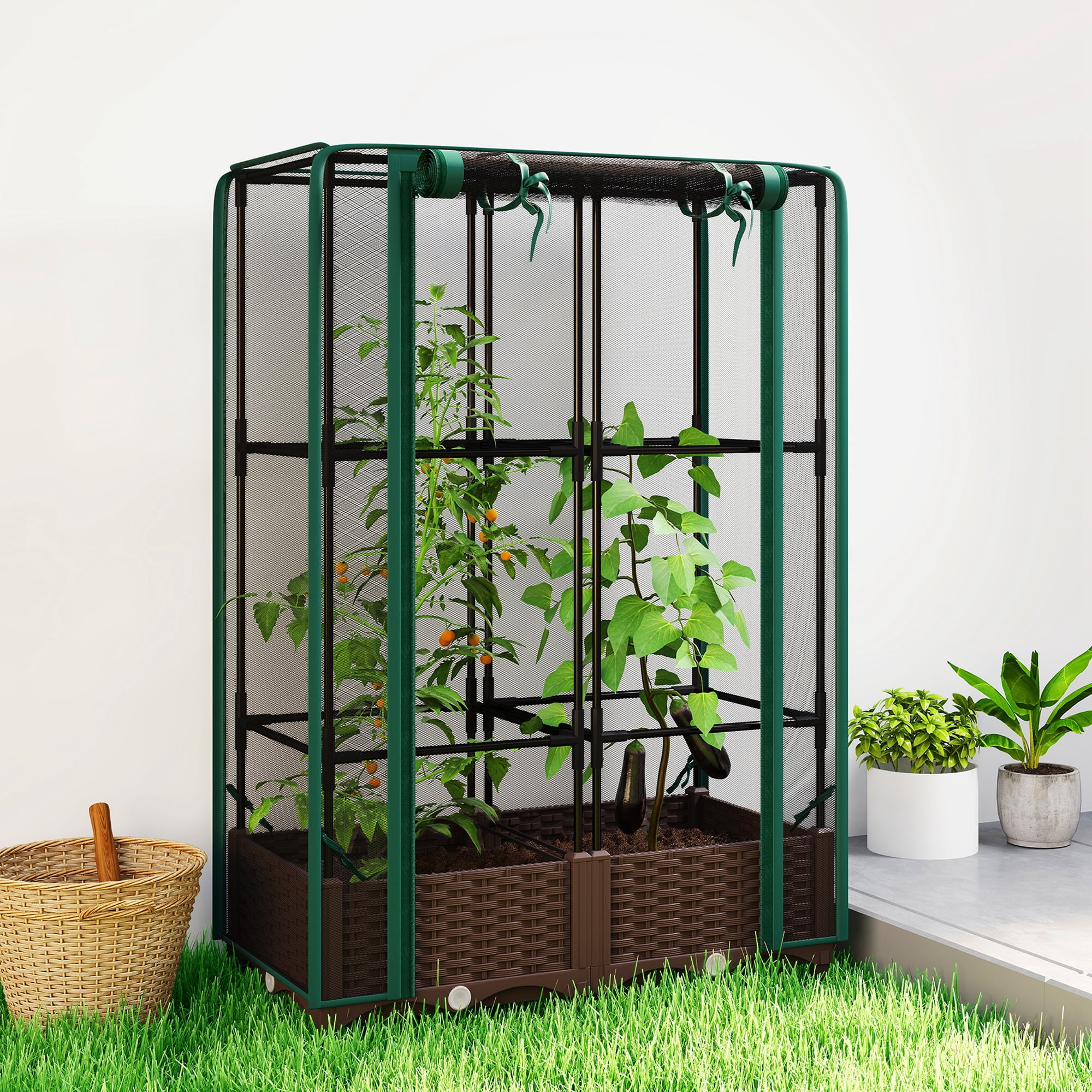 Outsunny Raised Garden Bed with Trellis, 46.5" Tomato Cage with Crop Cage, Self Watering Planter Box with Drainage Holes and Plugs, Green