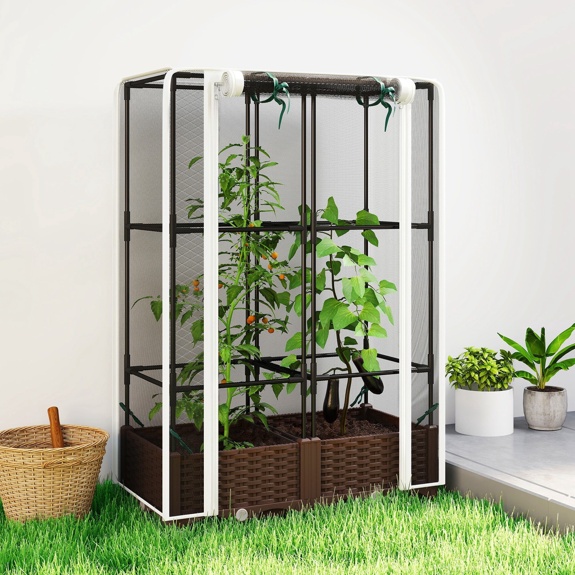 Outsunny Raised Garden Bed with Trellis, 46.5" Tomato Cage with Crop Cage, Self Watering Planter Box with Drainage Holes and Plugs, White