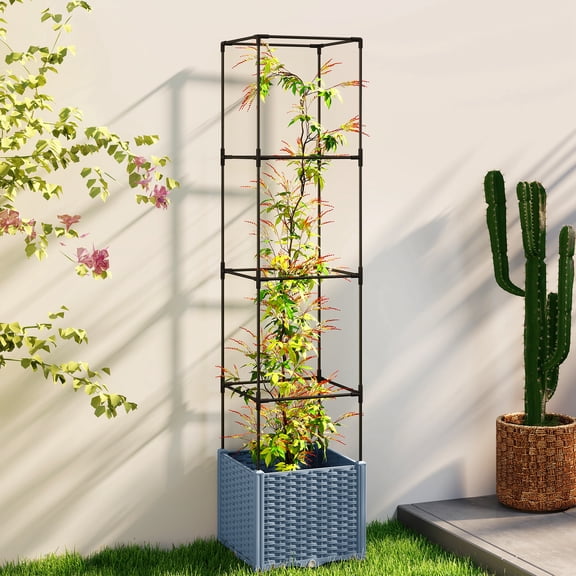 Outsunny Raised Garden Bed with Trellis, 71.7" Tomato Cage with Lockable Wheels, Self Watering Planter Box with Drainage Holes and Plugs, Gray