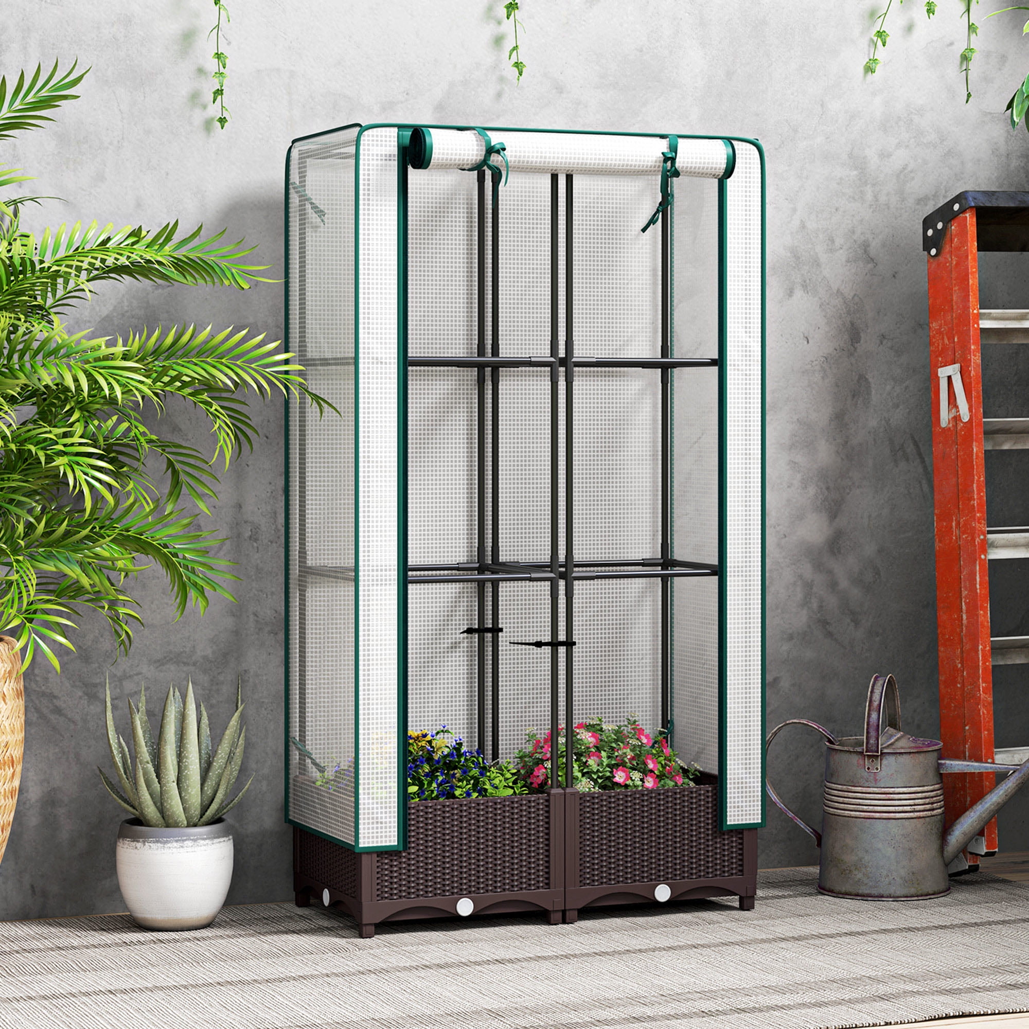 Brown Plastic Raised Garden Bed with Trellis and PE Greenhouse Cover