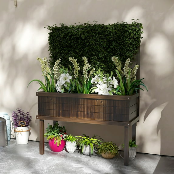 Outsunny Raised Garden Bed with Trellis for Climbing Plants, Wood Planter with Legs, Drainage Holes & Filter, Carbonized