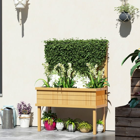 Outsunny Raised Garden Bed with Trellis for Climbing Plants, Wood Planter with Legs, Drainage Holes & Filter, Natural Wood