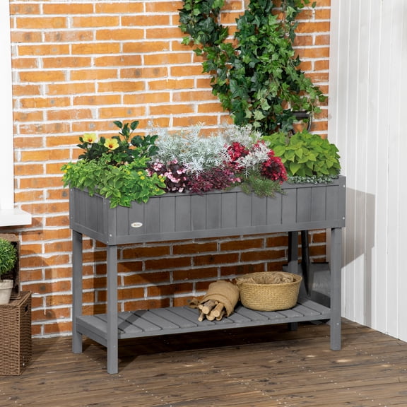 Outsunny Wooden Raised Garden Bed with 8 Slots, Elevated Planter Box Stand with Open Shelf, Dark Gray