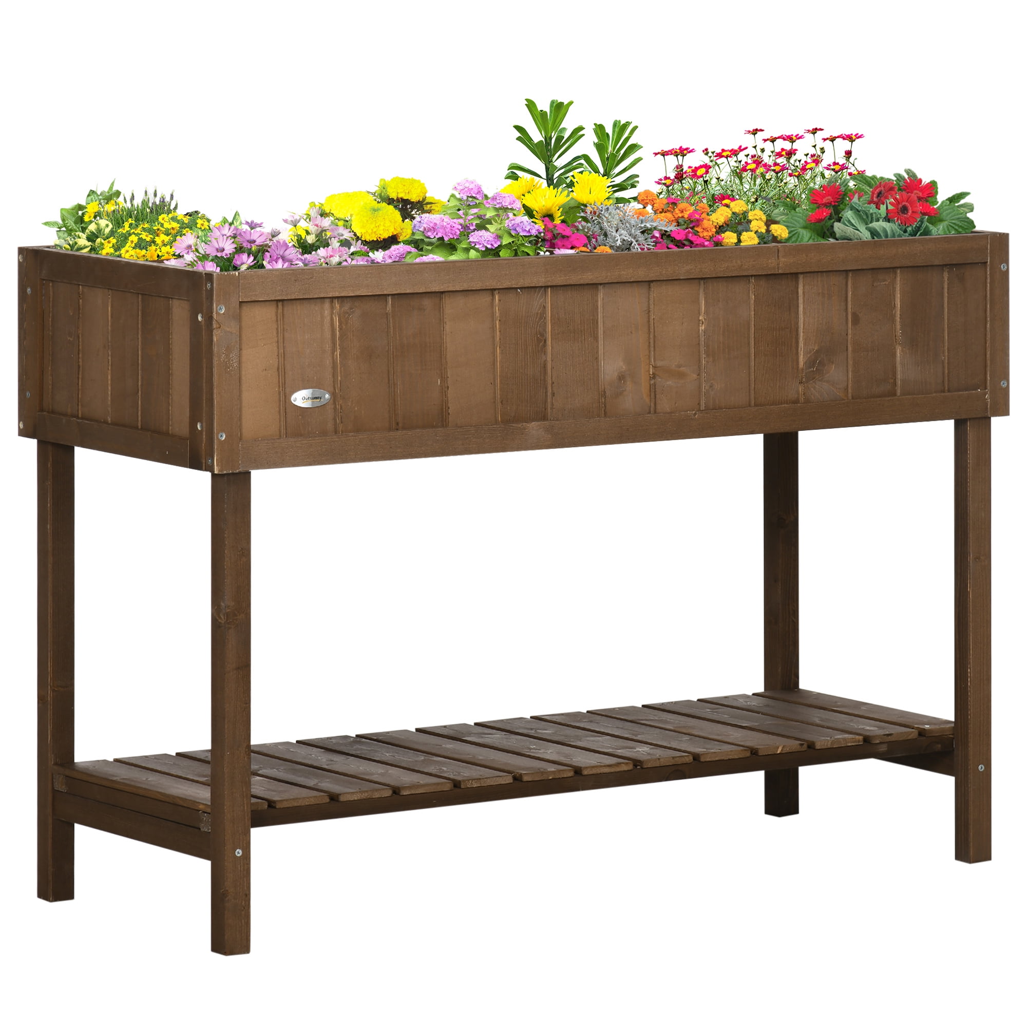 Dark Brown Fir Wood Raised Garden Bed with Storage Shelf