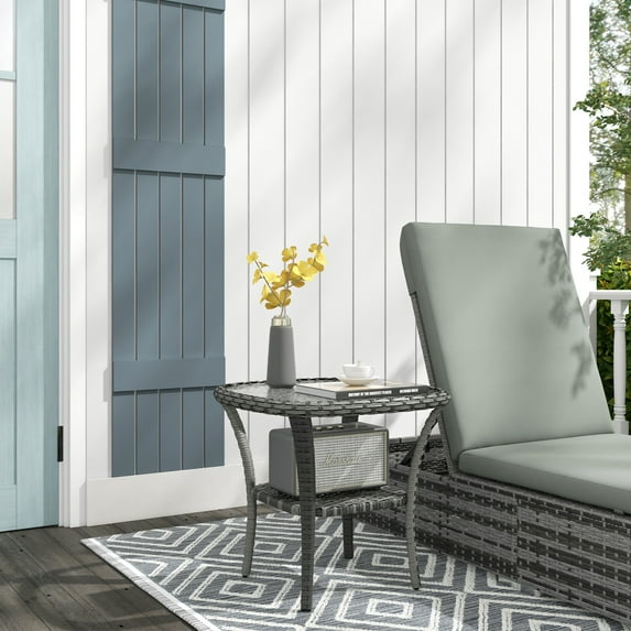 Outsunny Rattan Coffee Table with Storage Shelf, Hand-Woven Wicker Outdoor Side Table with Water-Ripple Glass Top, Mix Gray