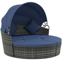 Outsunny Rattan Daybed Patio Furniture Set w/ Adjustable Canopy, Dark Blue