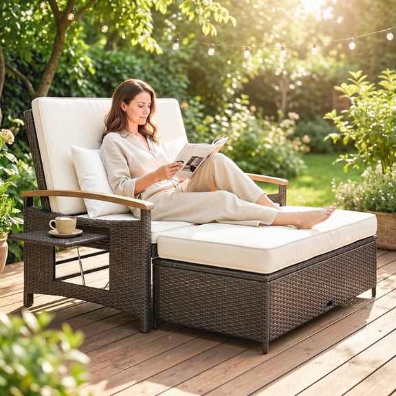 Outsunny Rattan Outdoor Daybed w/4-Level Adjustable Backrest, Patio Sofa Bed w/Loveseat, Storage Ottoman, Acacia Wood Armrest, Beige