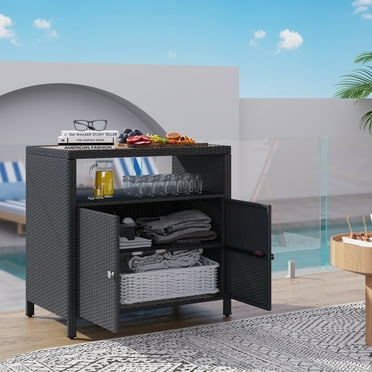 Outsunny Rattan Outdoor Storage Cabinet, Wicker Bar Table with Acacia Wood Countertop, Two Doors, Shelf, for Garden, Patio, Backyard, Black