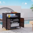 thumbnail image 1 of Outsunny Rattan Outdoor Storage Cabinet, Wicker Bar Table with Acacia Wood Countertop, Two Doors, Shelf, for Garden, Patio, Backyard, Brown, 1 of 10