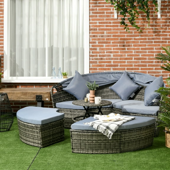 Outsunny 4pc Rattan Patio Furniture Set, Sectional Outdoor Sofa Set with Adjustable Sun Canopy, 2 Chairs, Extending Tea Table, Pillows, Light Gray