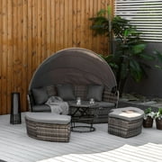 Outsunny 4pc Rattan Patio Furniture Set, Sectional Outdoor Sofa Set with Adjustable Sun Canopy, 2 Chairs, Extending Tea Table, Pillows, Gray