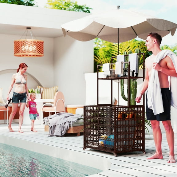 Outsunny Rattan Pool Float Storage Organizer, Wheeled Pool Caddy with Basket Shelf Towel Bars, Mixed-Brown