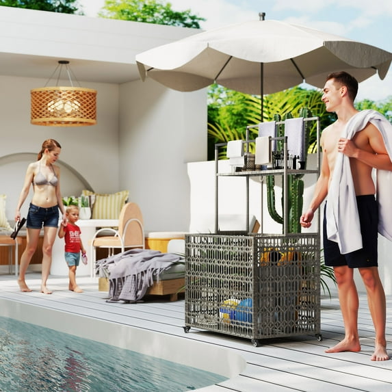 Outsunny Rattan Pool Float Storage Organizer, Wheeled Pool Caddy with Basket Shelf Towel Bars, Mixed-Gray