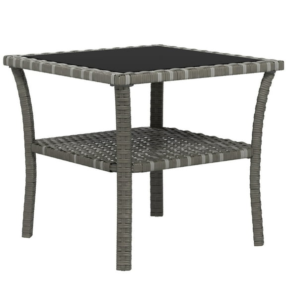 Patio Tables Outsunny Rattan Side Table, Outdoor End Table with Storage Shelf, Aluminum Frame Square, Coffee Table with Tempered Glass Top, Mixed Gray,Garden Tables