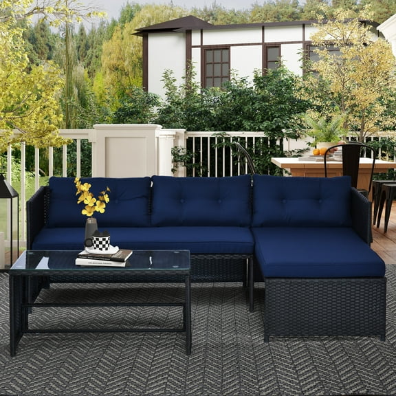Outsunny 3 Piece Patio Furniture Set, Rattan Outdoor Sofa Set with Chaise Lounge & Loveseat, Soft Cushions, Table, L-Shaped Sectional Couch, Blue