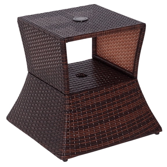 Outsunny Rattan Wicker Patio Side Table with Umbrella Hole 2 Tier  All-Weather Garden  Mixed Brown