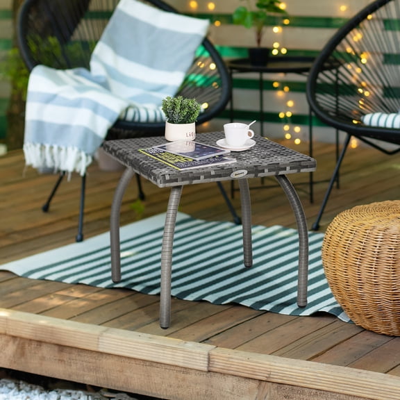 Outdoor PE Wicker Side Table, Small Square Rattan End Table, All-Weather Material Coffee Table for Garden, Balcony, Backyard, Gray