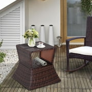 Outsunny Rattan Wicker Side Table with Umbrella Hole, 2 Tier Storage Shelf for All Weather for Outdoor, Patio, Garden, B