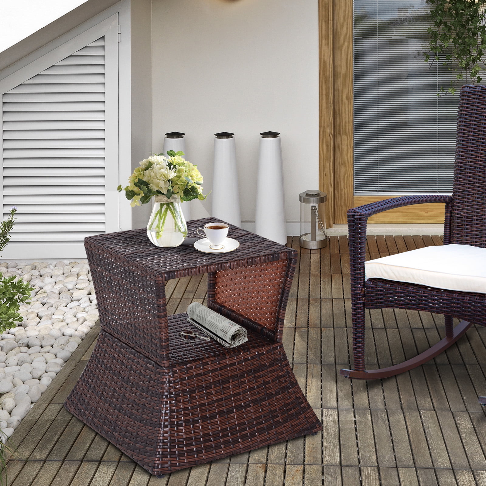 Outsunny Rattan Wicker Side Table with Umbrella Hole 2 Tier Storage Shelf for All Weather for Outdoor Patio Garden Backyard Mixed Brown