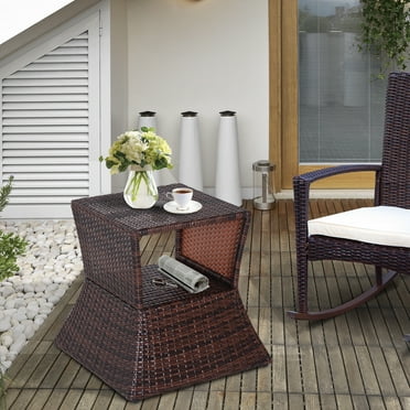 Outsunny Rattan Wicker Side Table with Umbrella Hole, 2 Tier Storage Shelf for All Weather for Outdoor, Patio, Garden, Backyard, Mixed Brown