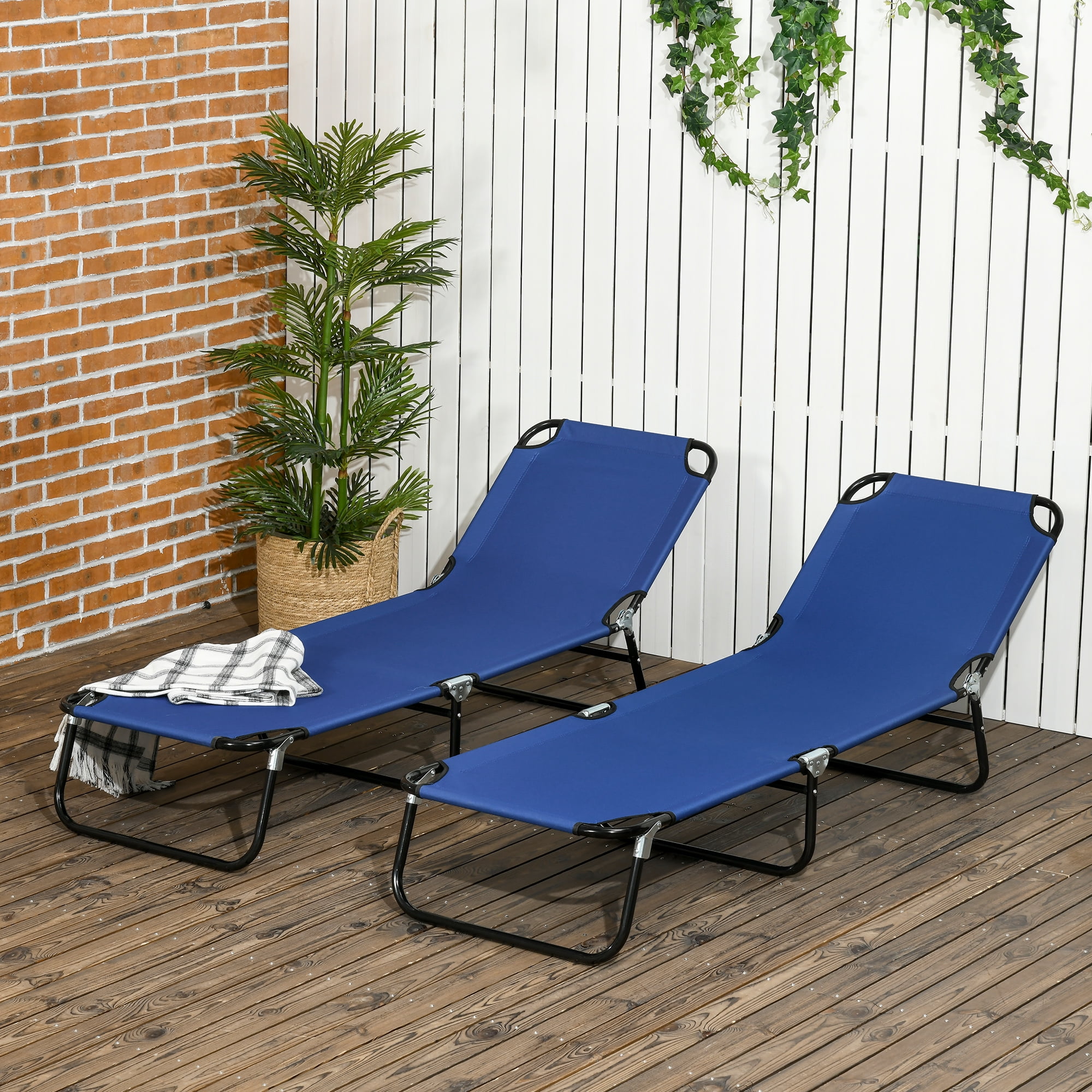 Blue Steel Frame Folding Chaise Lounge Set with Adjustable Backrest