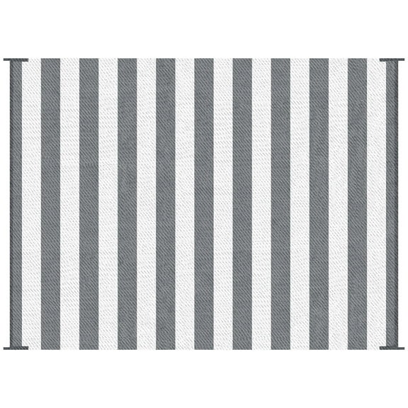 Outsunny Reversible Outdoor Rug, 9' x 12' Waterproof Plastic Straw Floor Mat, Portable RV Camping Carpet with Carry Bag, Large Floor Mat for Backyard, Deck, Picnic, Beach, Gray & White Striped,