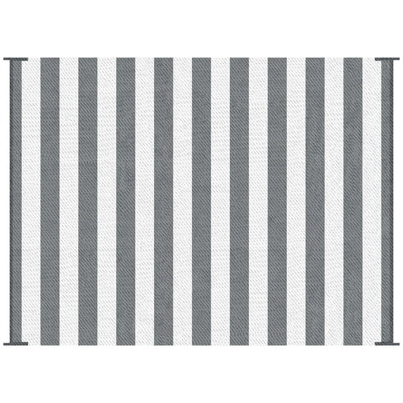 Outsunny Reversible Outdoor Rug, 9' x 12' Waterproof Plastic Straw Floor Mat, Portable RV Camping Carpet with Carry Bag, Large Floor Mat for Backyard, Deck, Picnic, Beach, Gray & White Striped