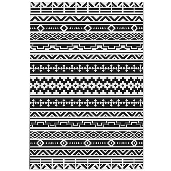 Outsunny Reversible Outdoor Rug  Waterproof Plastic Straw with Carry Bag  6‘ x 9‘  Black & White Geometric Wall