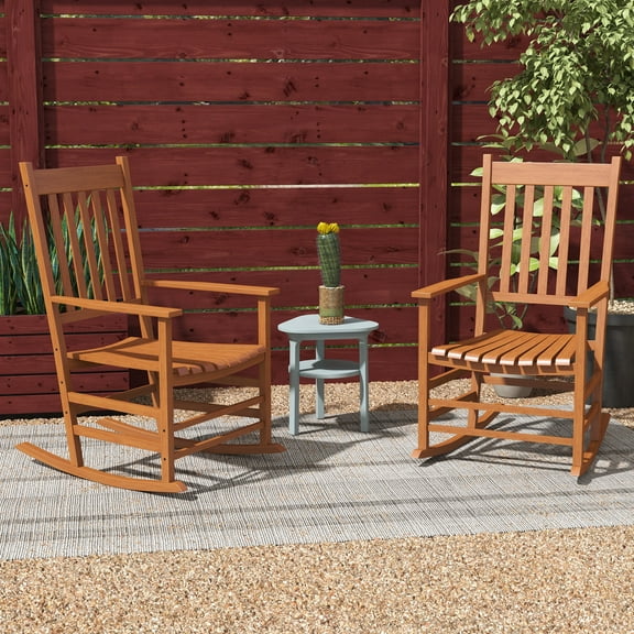 Outsunny Wooden Rocking Chair Set, Curved Armrests, High Back, Slatted Seat Outdoor Rocker Set, Teak