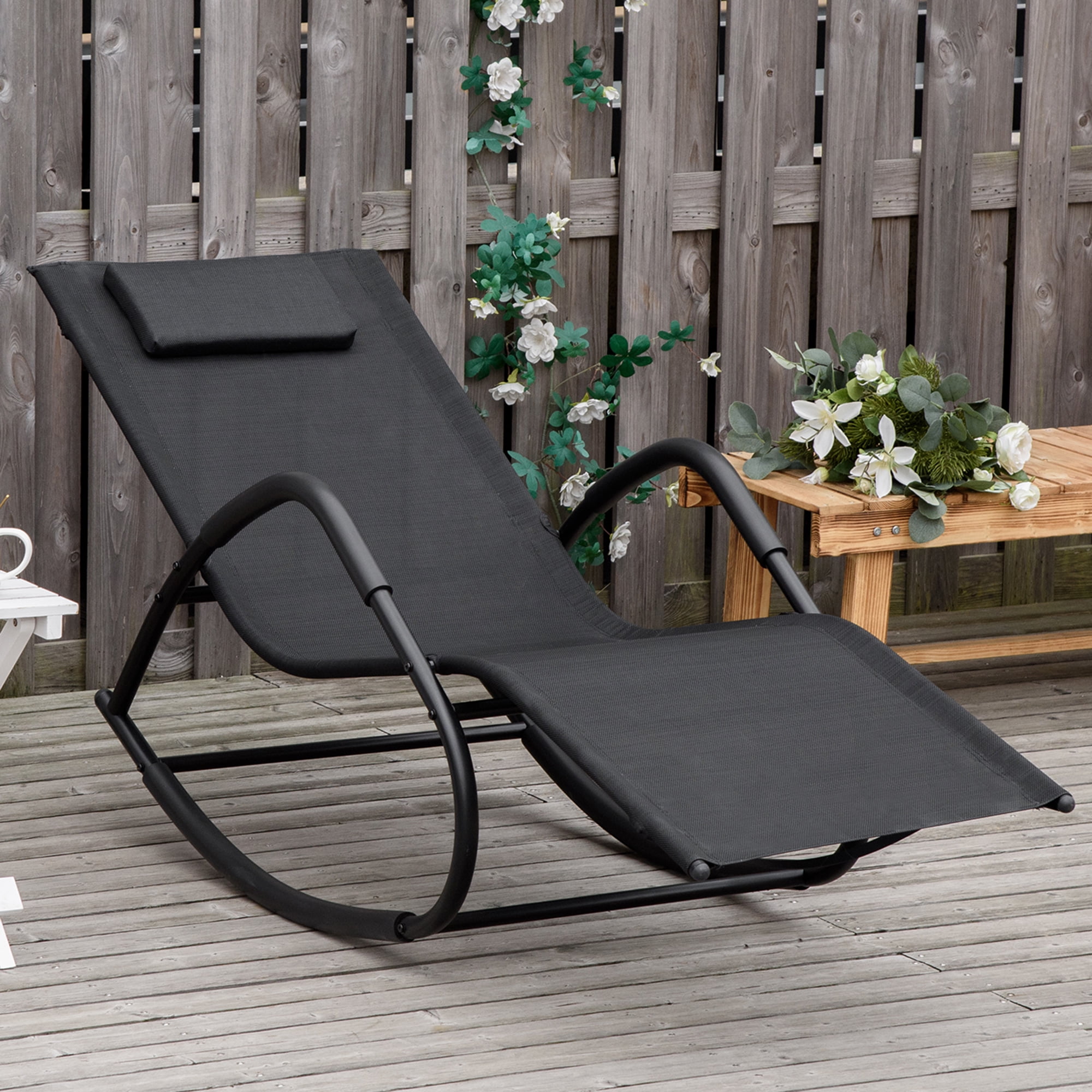 Black Steel Outdoor Zero-Gravity Rocking Lounge Chair with Cushions