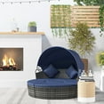 thumbnail image 1 of Outsunny Round Daybed, 4-piece Cushioned Outdoor Rattan Wicker Sunbed or Conversational Sofa Set with Sun Canopy, Dark Blue, 1 of 9