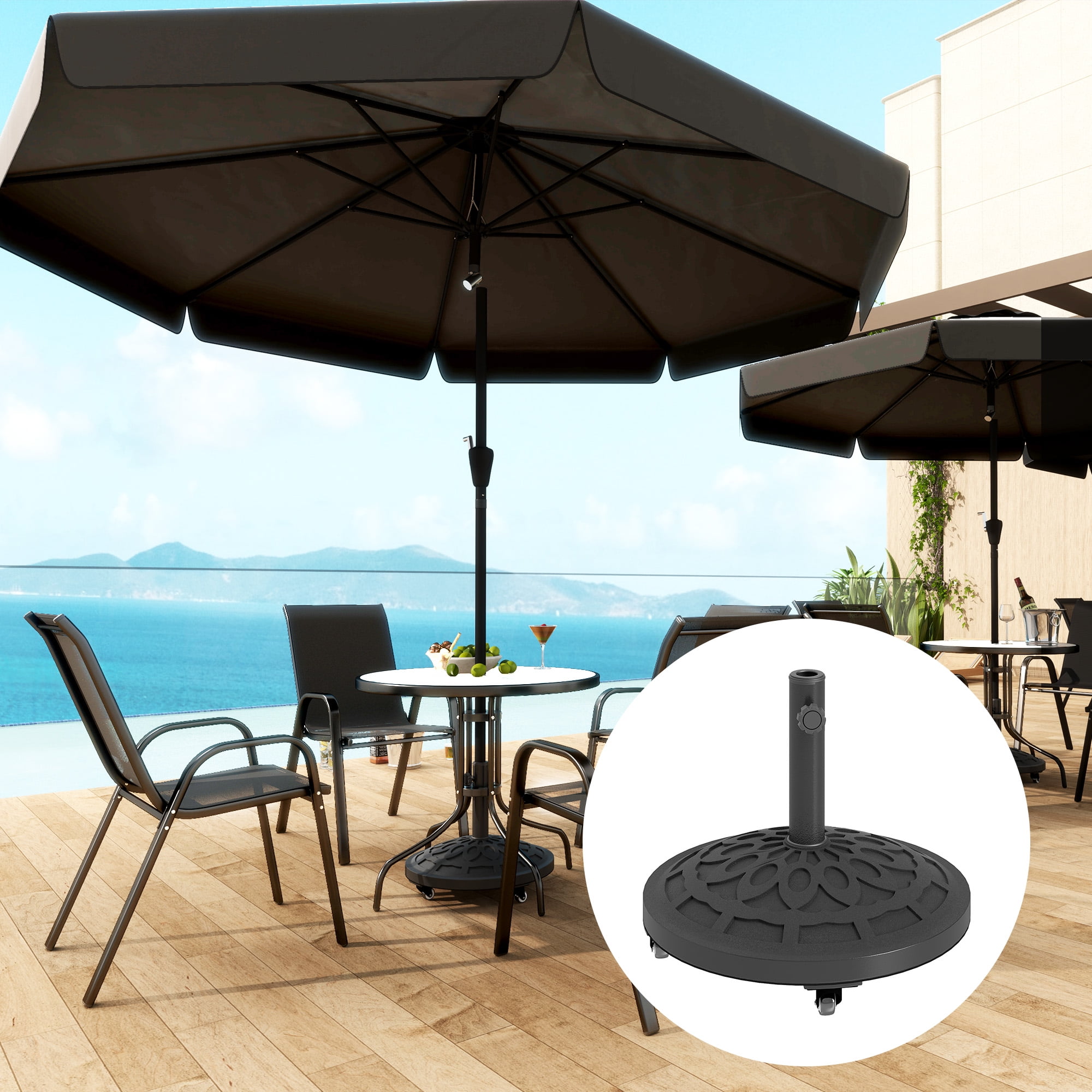 Black Metal Round Patio Umbrella Base with Wheels