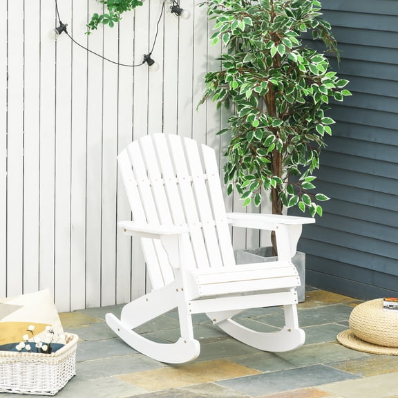 Outsunny Rustic Wooden Adirondack Rocking Chair Outdoor Lounge Chair Fire Pit Seating with Slatted Wooden Design for Patio, Backyard, White