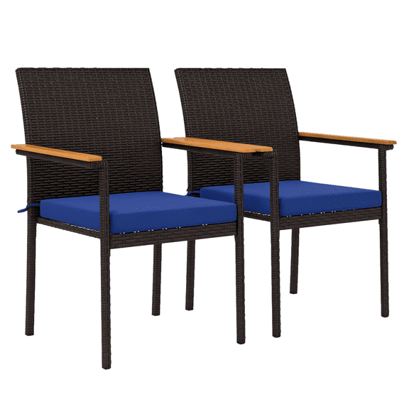 Stackable Patio Chairs Set of 2, Wicker Dining Chairs with Cushions, Navy Blue, Outdoor Furniture for Deck Garden, Acacia Wood Armrests, UV Resistant