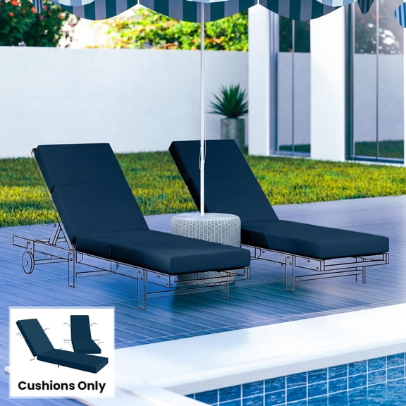 Outsunny Set of 2 Chaise Lounge Cushion, 4" Outdoor Lounge Chair Cushions with Non-Slip Ties, Waterproof and Fade Resistant, 21" x 72", Navy Blue