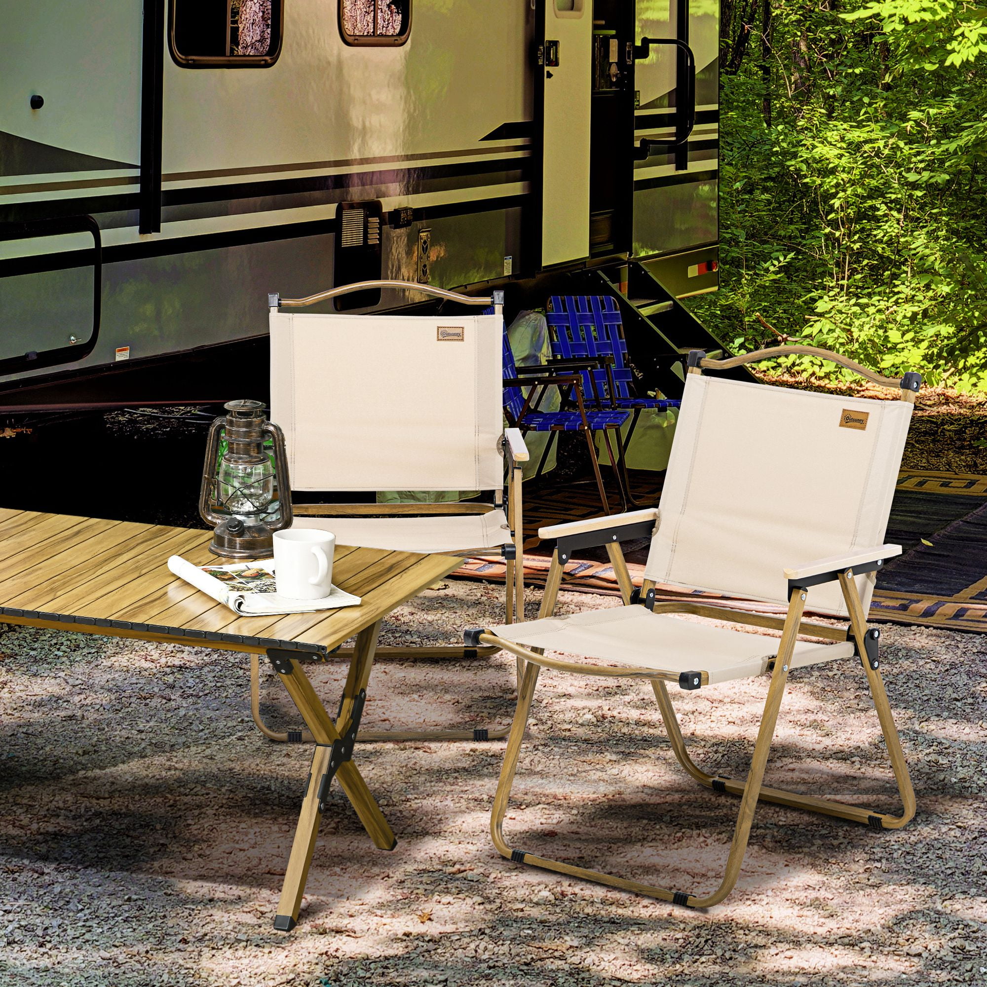 Khaki Lightweight Folding Camping Armchairs with Steel Frame, Set of 2