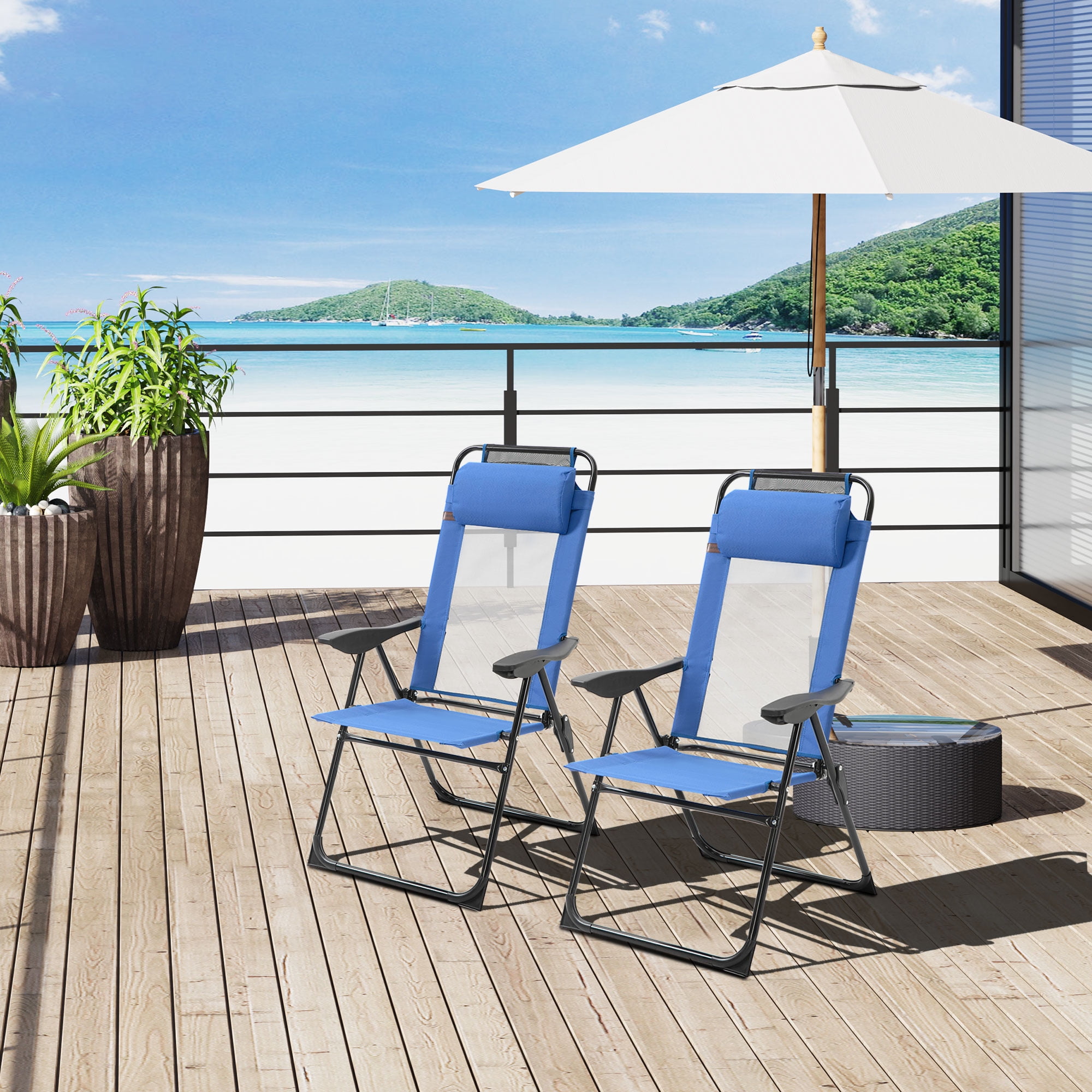 Blue Folding Metal Patio Chaise Lounge Chairs with Cushions
