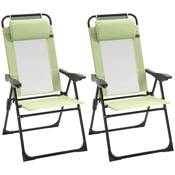 Outsunny Set of 2 Folding Patio Chairs, Camping Chairs with Adjustable Sling Back, Removable Headrest, Armrest for Garden, Backyard, Lawn, Green