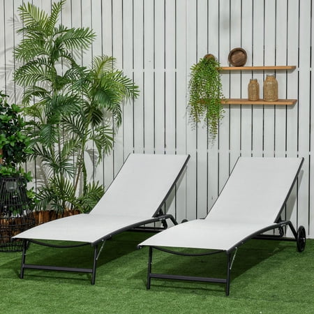 Outsunny Set of 2 Outdoor Chaise Lounge Chairs with 5-Level Adjustable Backrest, Wheels, 2 Piece Pool Loungers, Suntanning Furniture, Cream White