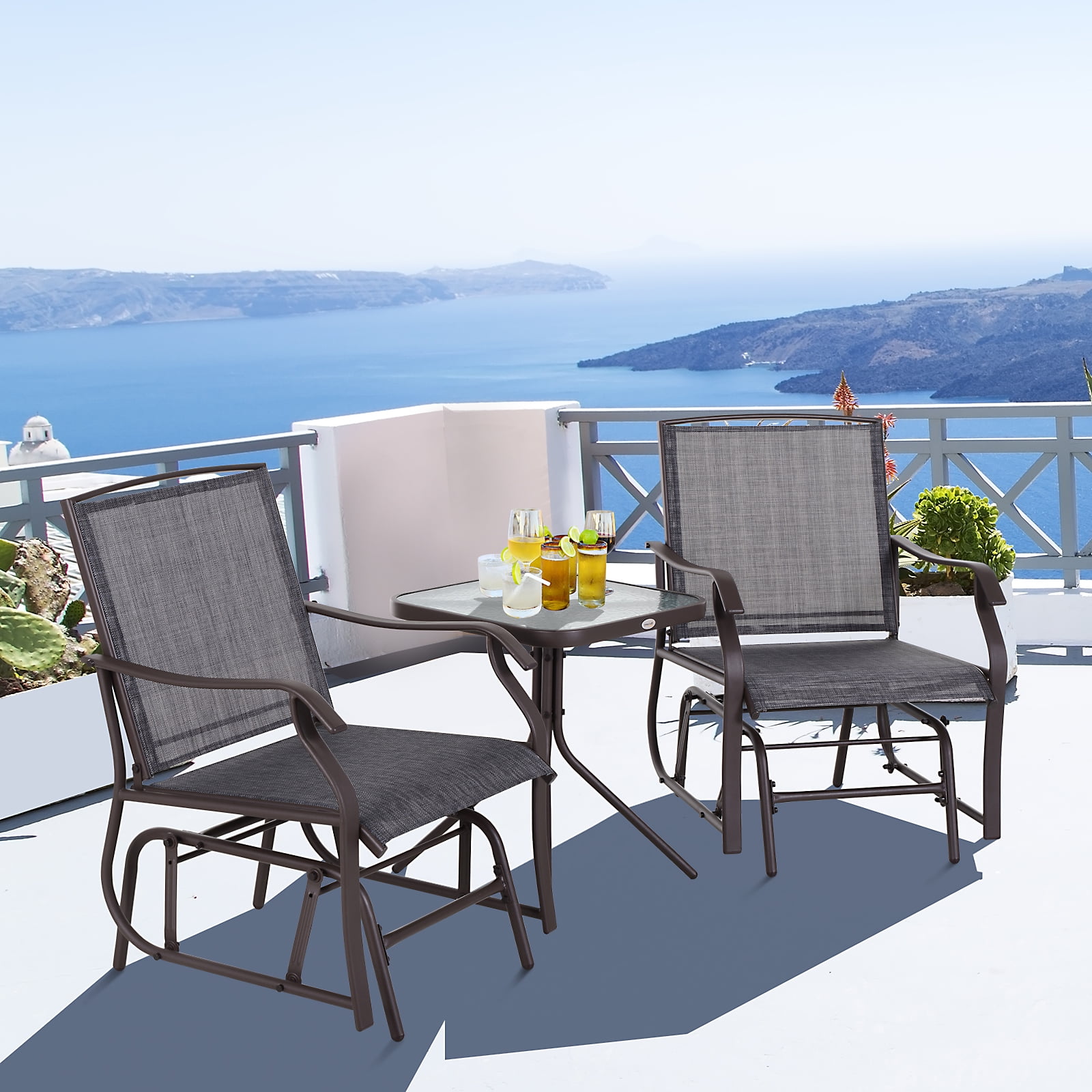 Gray and Brown Metal Outdoor Rocking Chair Set with Glass Table