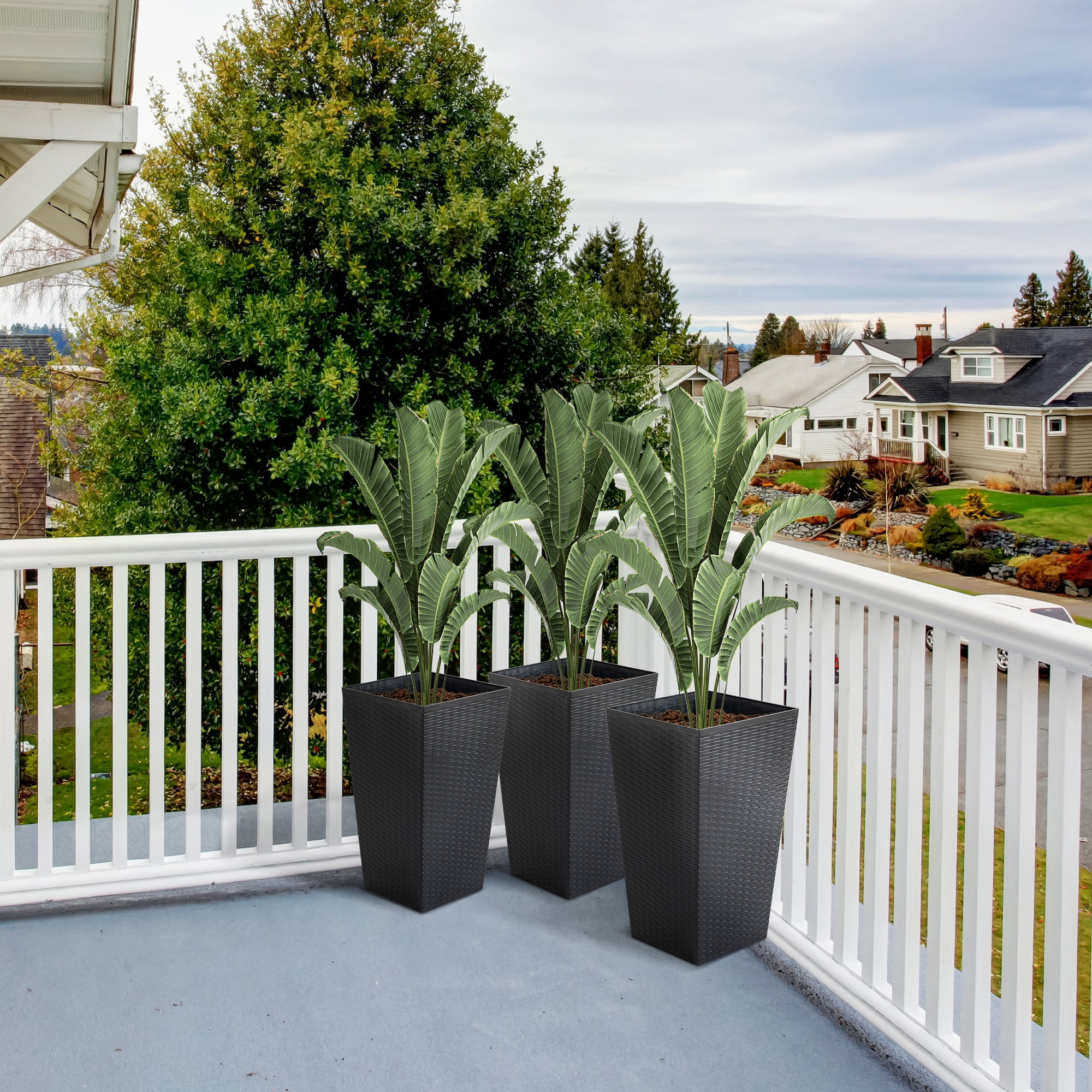 Set of 3 Black Tall Rattan-Style Plastic Planters