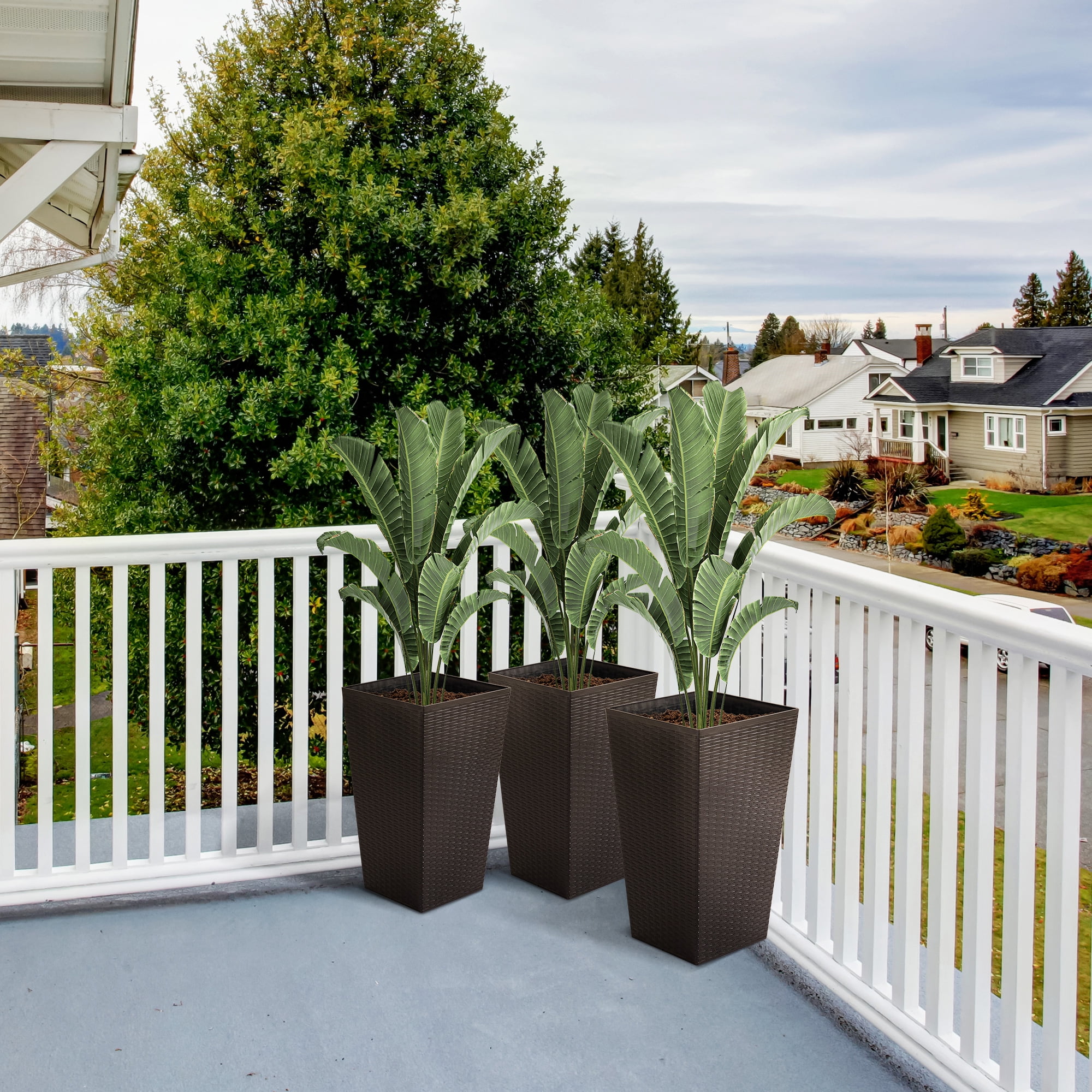 Set of 3 Tall Brown Rattan-Style Plastic Planters